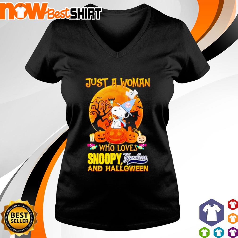 Snoopy just a woman who loves Snoopy and Halloween Yankees logo shirt,  hoodie, sweater, long sleeve and tank top