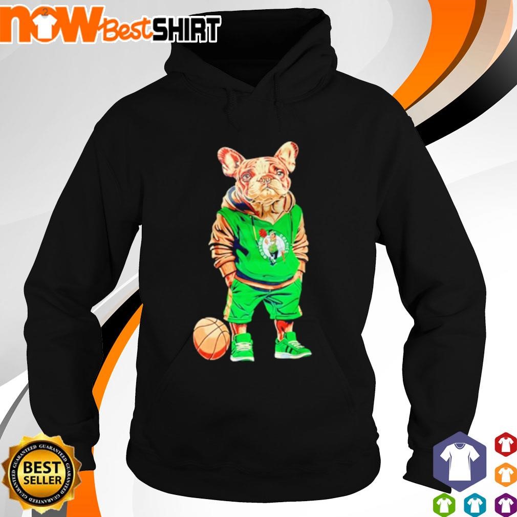 Bulldog wearing Celtics Boston shirt hoodie