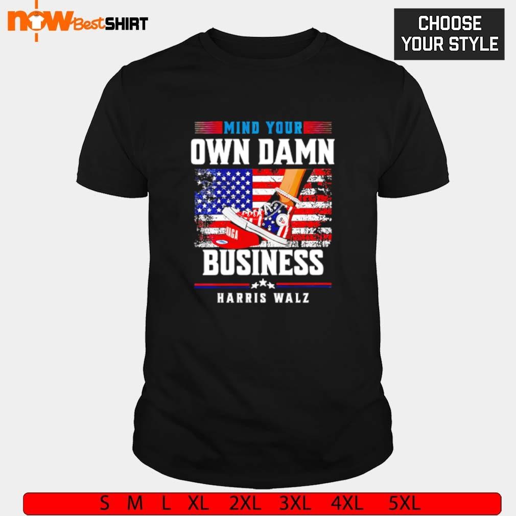 Mind your own damn business Harris Walz stepping on red hat shirt